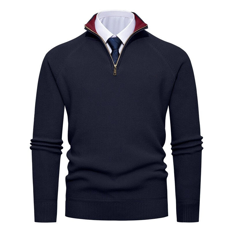 Herren nan feiner Strickpullover mit Halbzip, strukturierter Rippoptik und innen kontrastiertem Stehkragen R&B