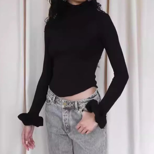 Damen Elegantes Longsleeve-Top mit hohen Kragen und Rüschendetails R&B