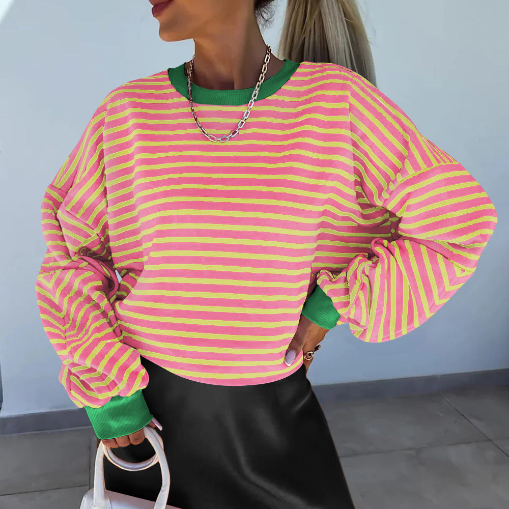 Damen lässiges gestreiftes Sweatshirt mit Boxy-Schnitt und kontrastierenden Abschlüssen R&B