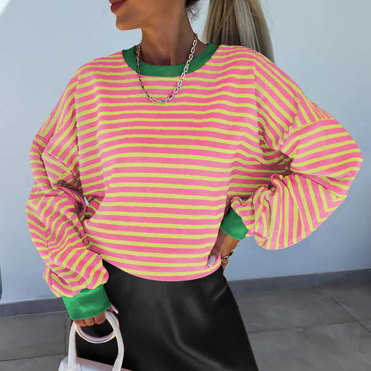 Damen lässiges gestreiftes Sweatshirt mit Boxy-Schnitt und kontrastierenden Abschlüssen R&B