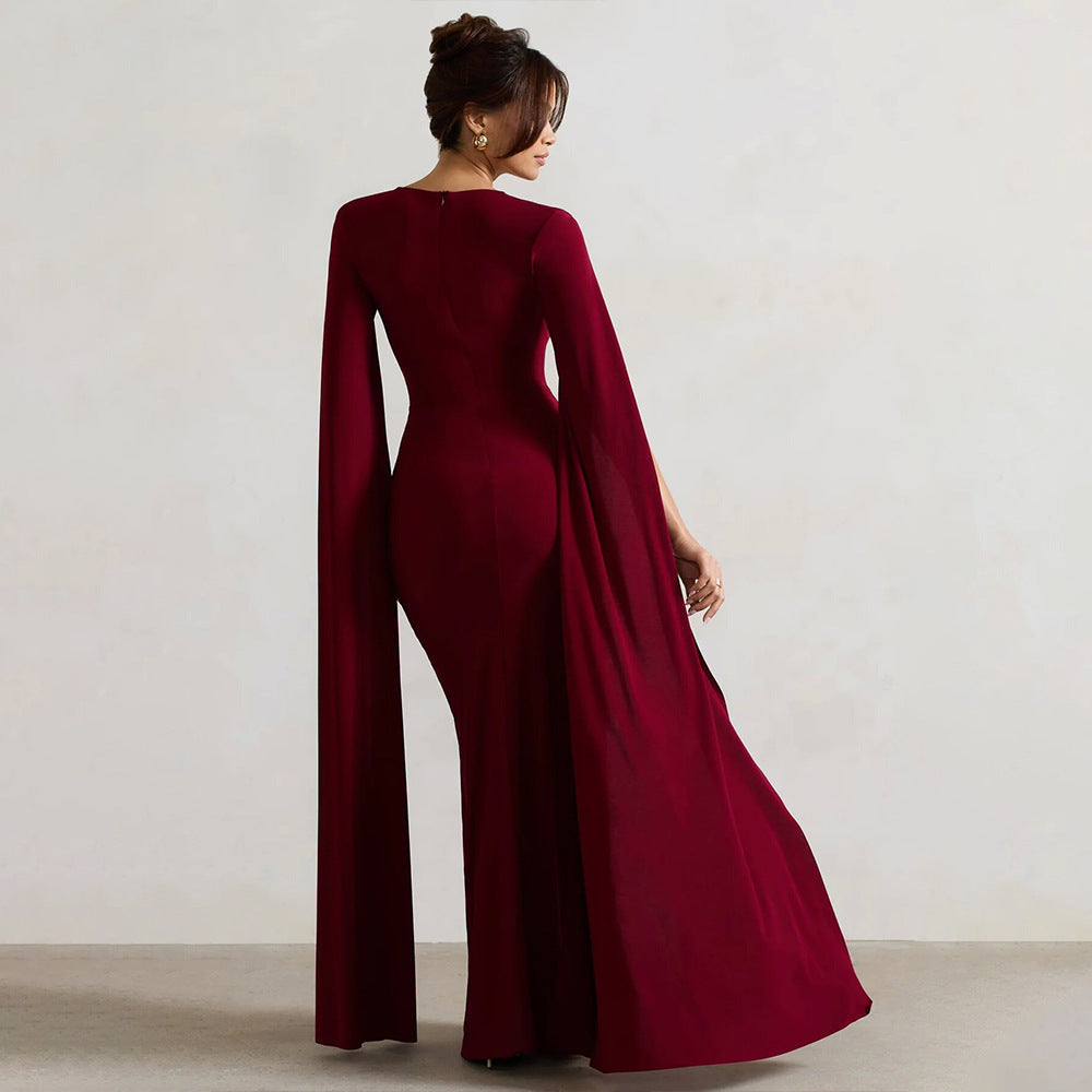 Damen Elegantes Maxikleid mit abnehmbarem Cape und seitlichem Schlitz R&B