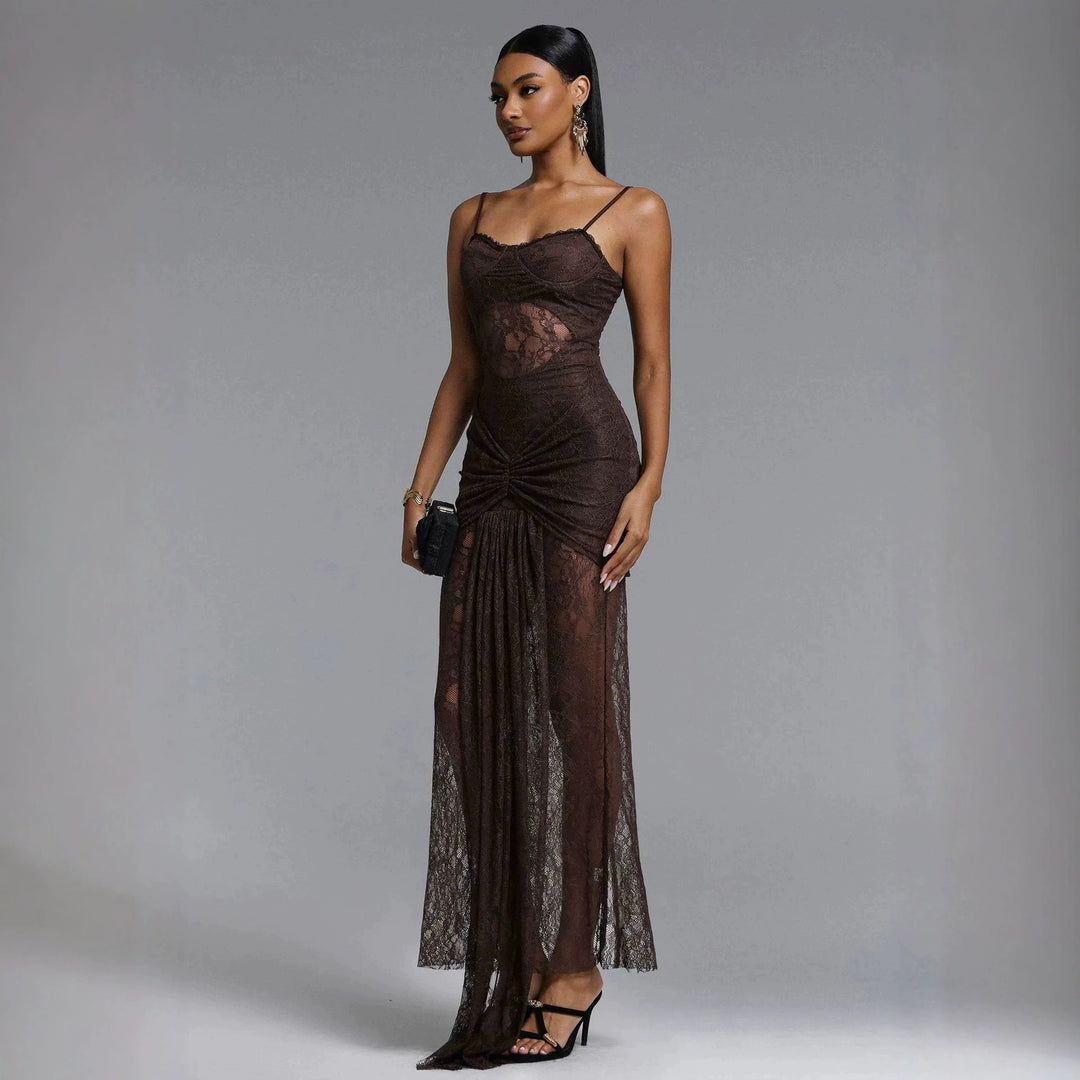 Damen Elegantes Spitzenmaxikleid mit raffinierter Drapierung R&B