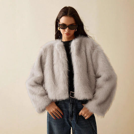 Damen extravagante Kurzarm-Felljacke mit voluminösen Ärmeln R&B