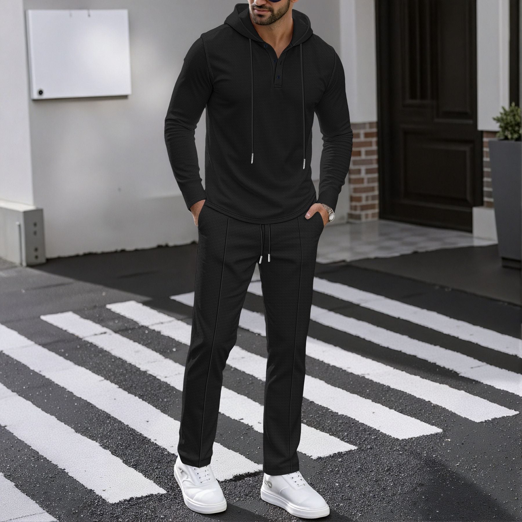 Herren Sportliches Zweiteiler Set mit atmungsaktivem Kapuzenoberteil und schlanker Jogginghose R&B
