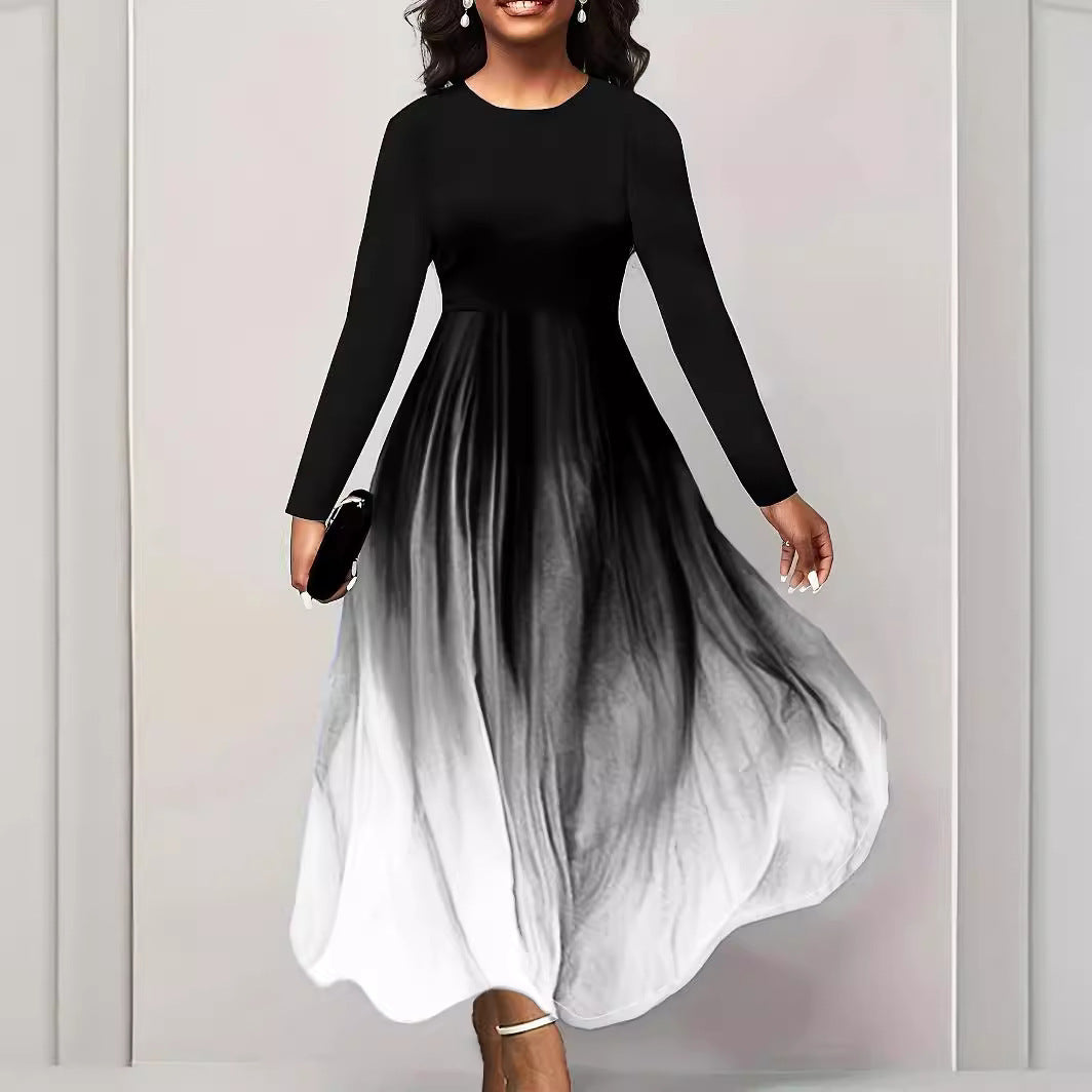 Damen Elegantes Maxikleid mit kreativer Farbverlauf-Optik und langen Ärmeln R&B