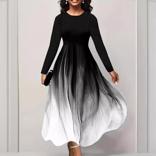 Damen Elegantes Maxikleid mit kreativer Farbverlauf-Optik und langen Ärmeln R&B