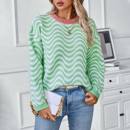 Damen gemütlicher Pullover mit modernen Wellenmustern und minimalistischer Passform R&B