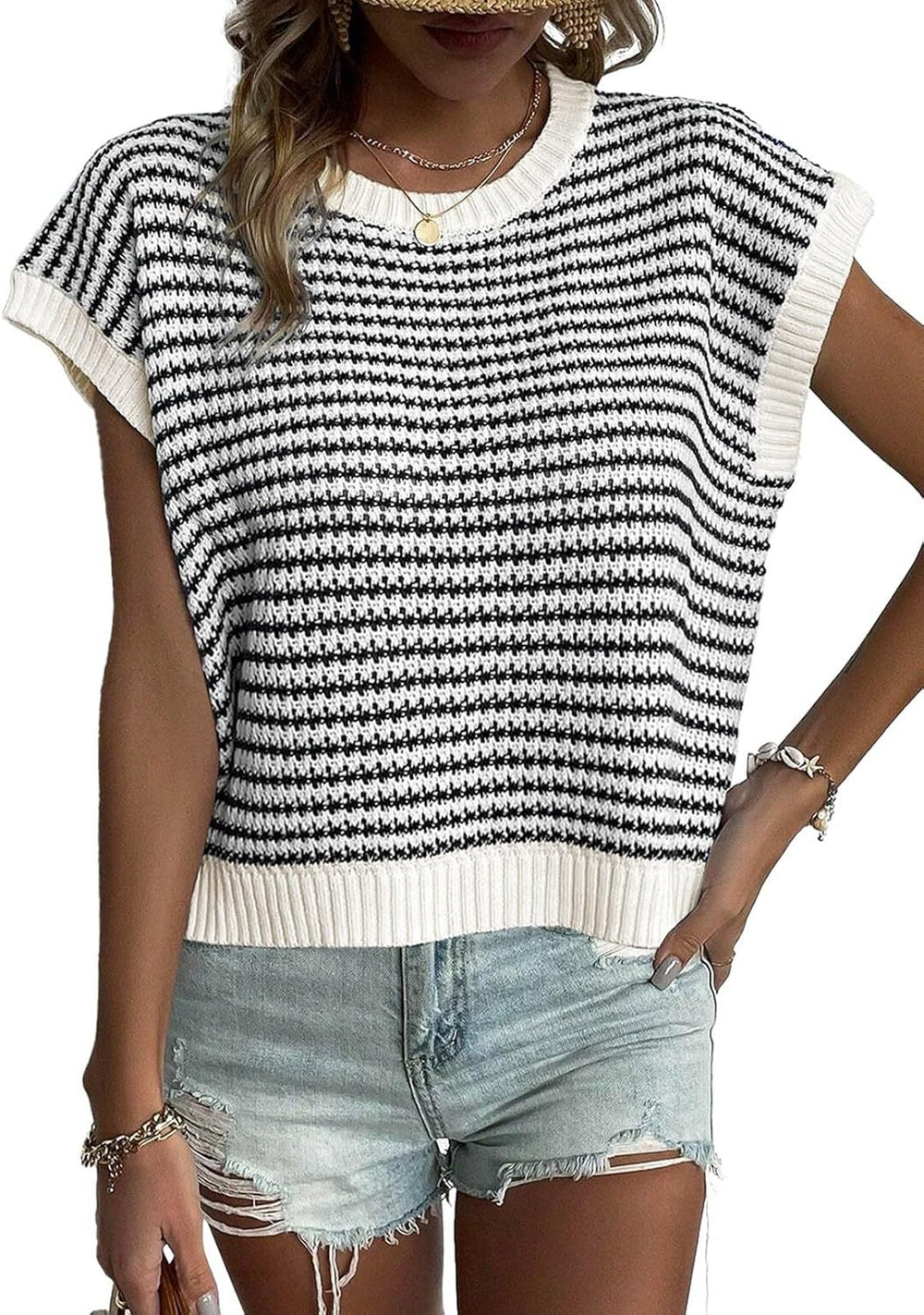 Damen lässiger Strickpullover mit modischem Streifenmuster und weitem Schnitt R&B