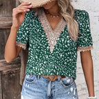 Damen Bluse mit V-Ausschnitt und feinen Spitzenakzenten R&B