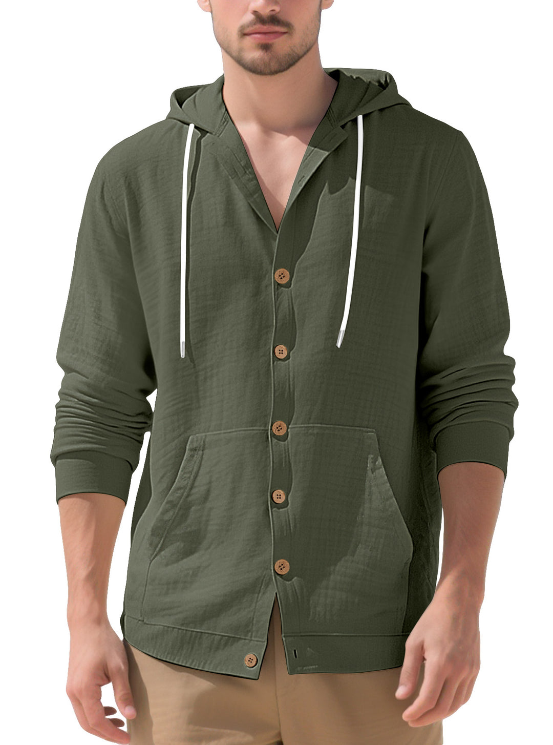 Herren nan leichtes Kapuzen-Übershirt im Crinkle-Look mit Holzknopfleiste und Kängurutasche R&B
