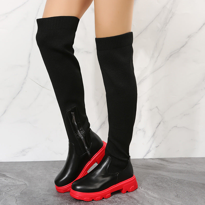 Damen Overkneestiefel mit trendigem Reißverschluss und robuster Sohle R&B