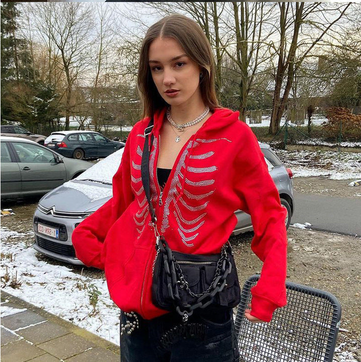 Damen Kapuzenjacke mit einzigartigem Skelett-Design und funkelnden Strasssteinen R&B