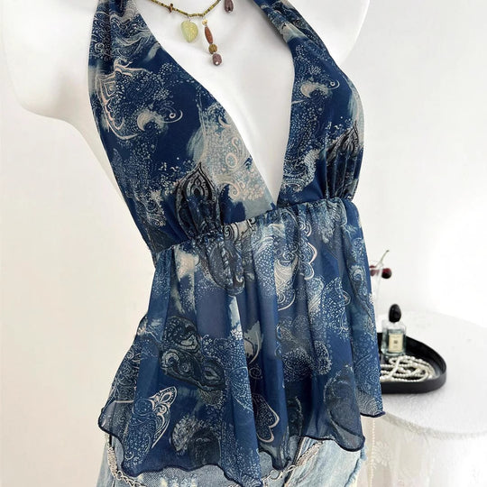 Damen luftiges Blusentop im halterlosen Design mit floralem Druck R&B