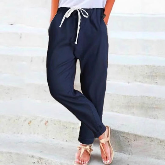 Damen nan lässige Relaxhose mit elastischem Bund, Kordelzug, Eingrifftaschen und umgeschlagenem Saum R&B