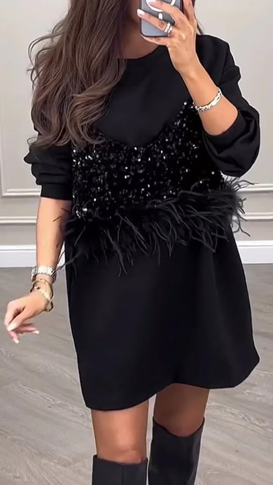 Damen Designer Kleid mit Pailletten- und Federdetails Heidi-Mode