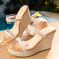 Damen Wedge-Sandalen mit transparenten Riemen und geflochtenem Plateau R&B