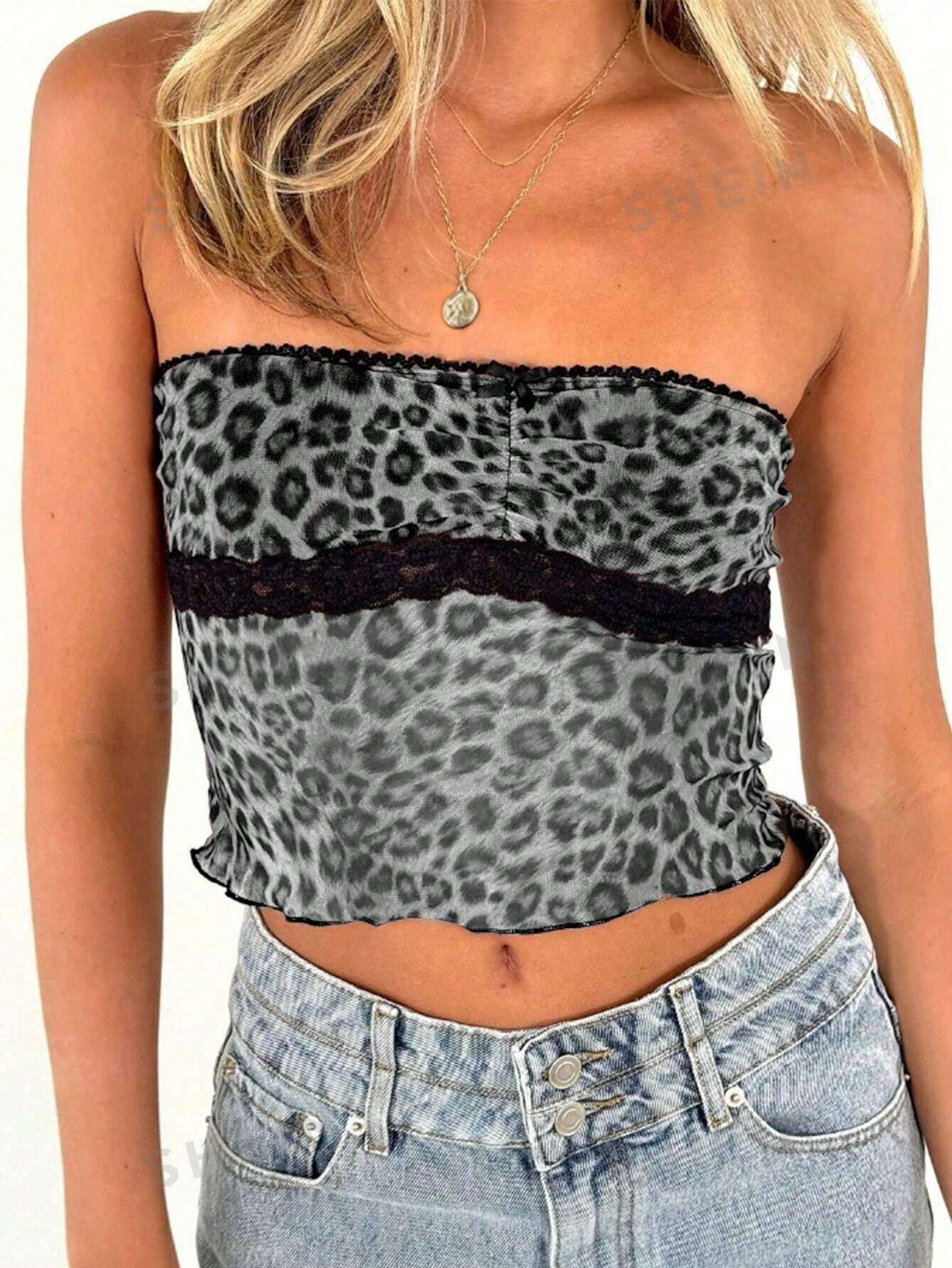 Damen Bandeau-Top mit trendigem Leopardenmuster und zarter Spitzenkante R&B