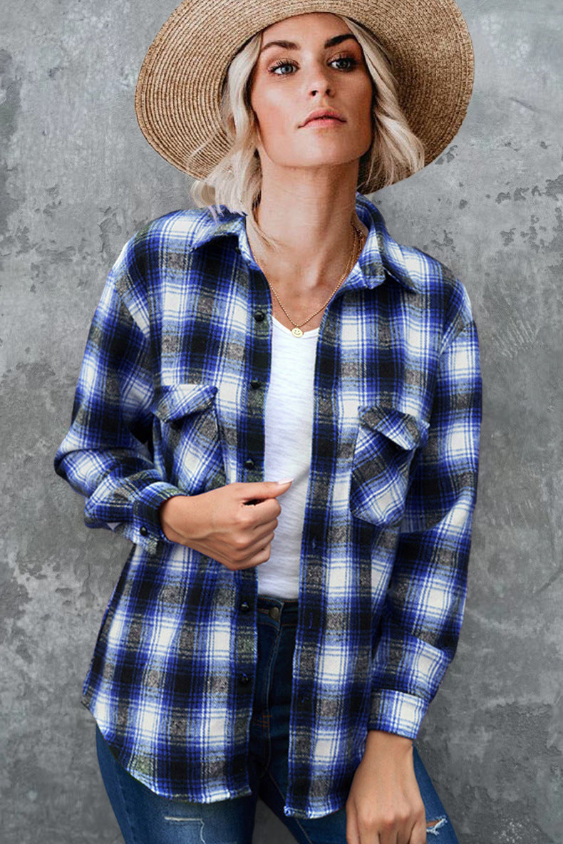 Damen Baumwoll-Flanellhemd mit Karomuster und Brusttaschen