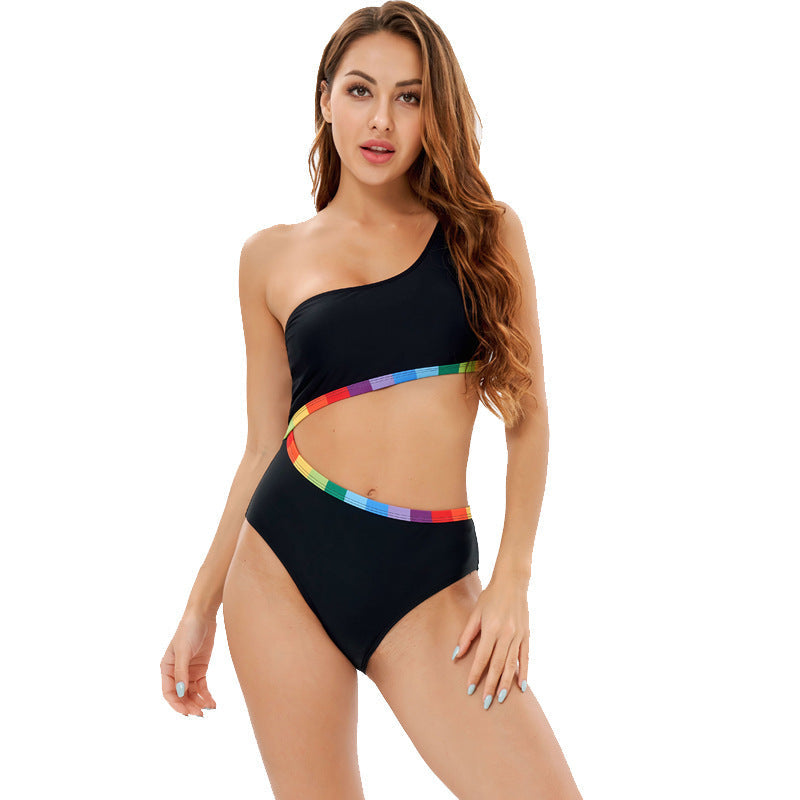 Damen Einseitiger Triangel-Bikini mit buntem Akzentband R&B
