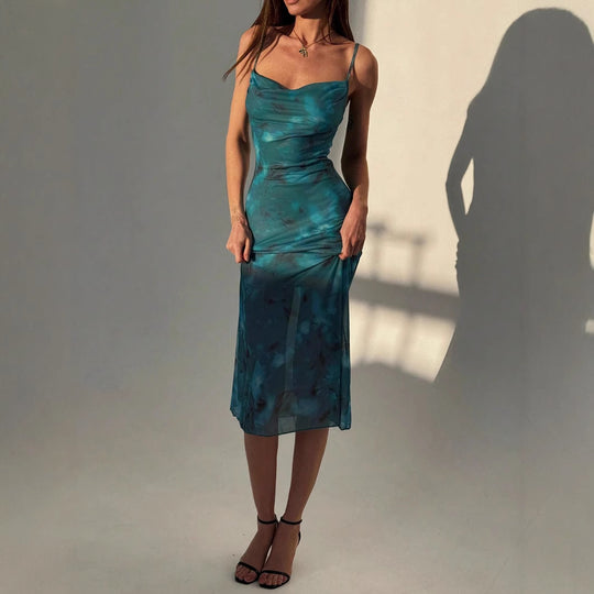 Damen Elegantes Midikleid aus fließendem Chiffon mit verführerischem Spaghettiträger R&B