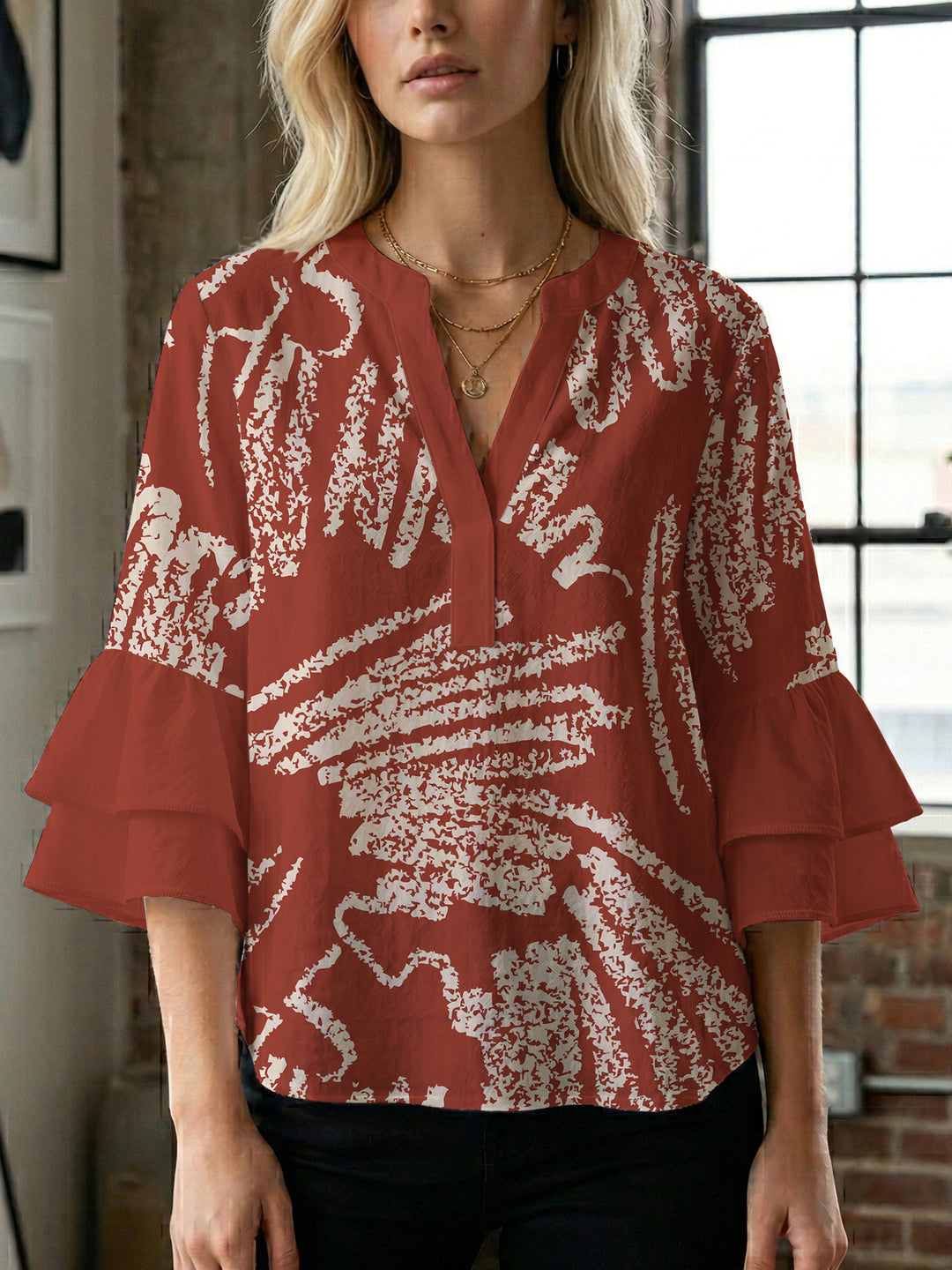 Damen elegantes Blusenshirt mit voluminösen Rüsenärmeln und grafischem Blumendesign R&B