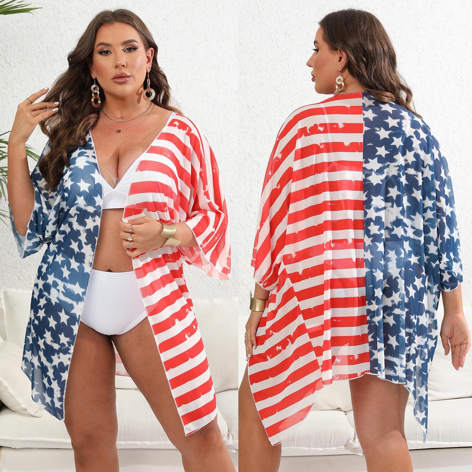 Damen lässiger Strandkimono mit patriotischem Sternen- und Streifenmuster R&B