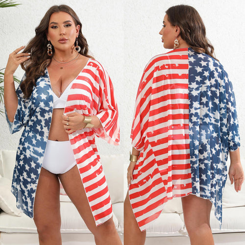 Damen lässiger Strandkimono mit patriotischem Sternen- und Streifenmuster R&B