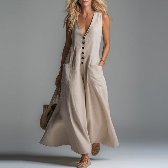 Damen eleganter Jumpsuit mit tiefem V-Ausschnitt und praktischen Taschen R&B