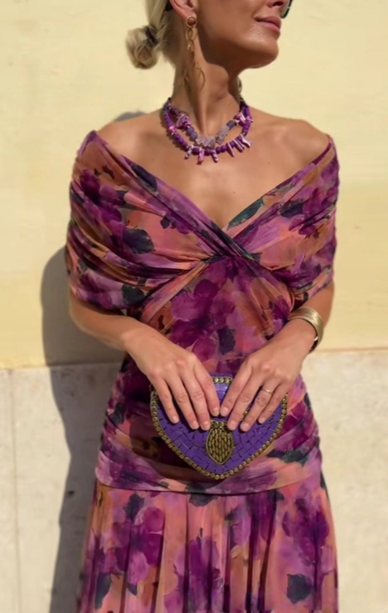Damen nan fließendes Abendkleid mit transparentem Chiffon-Capelet, V-Ausschnitt und taillierter Drapierung R&B