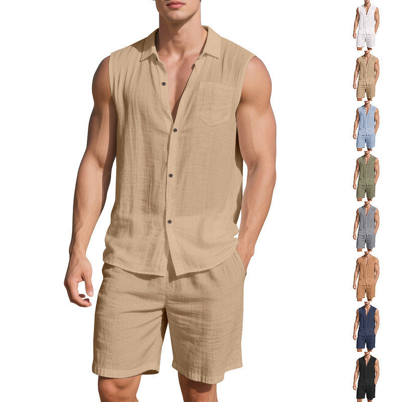 Herren nan ärmelloses Hemd- und Shorts-Set aus Baumwoll-Leinen mit Kentkragen und elastischem Tunnelzugbund R&B