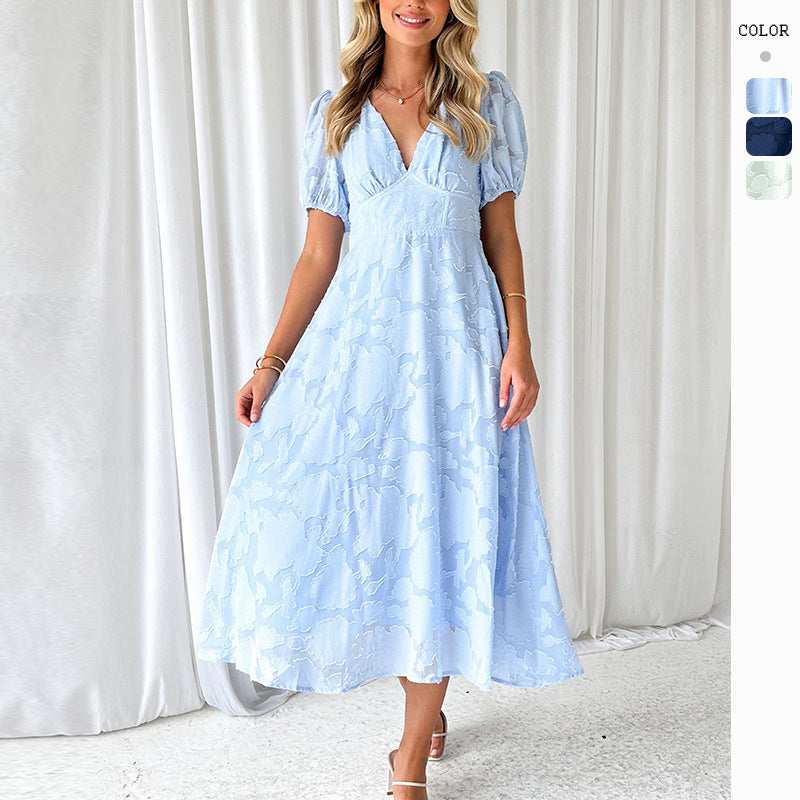 Damen Maxikleid mit floralen Akzenten und voluminösen Puffärmeln R&B
