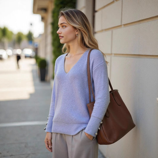 Damen V-Ausschnitt Strickpullover mit dekorativen Knöpfen R&B