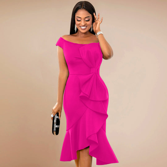 Damen Elegantes Wickelkleid mit Rüschen und Off-Shoulder Design R&B