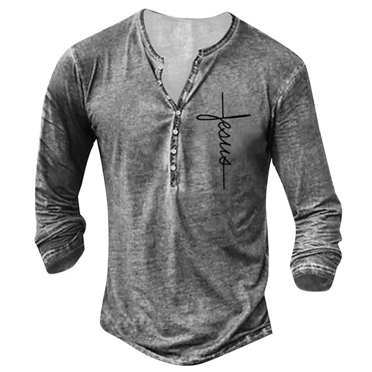 Herren Langarm Henley-Shirt mit kreativem Grafikdruck R&B