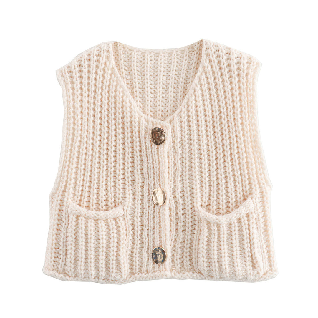 Damen modische Strickweste mit dekorativen Knopfdetails und praktischen Taschen R&B