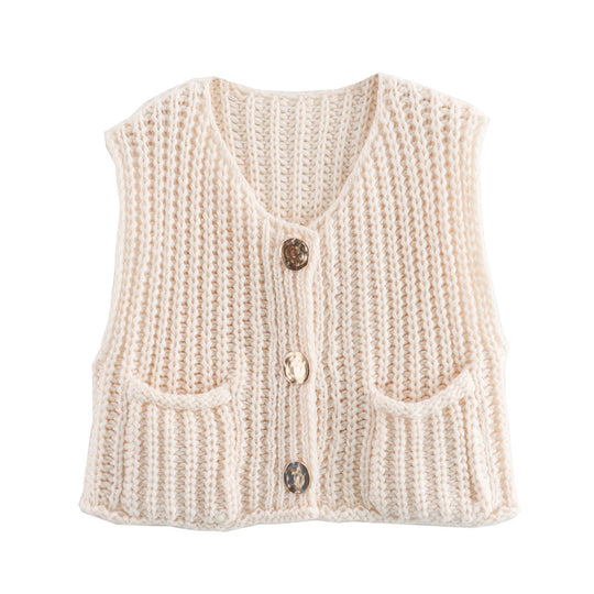 Damen modische Strickweste mit dekorativen Knopfdetails und praktischen Taschen R&B