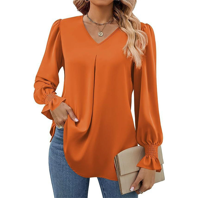 Damen fließende V-Ausschnitt Bluse mit eleganten Puffärmeln R&B