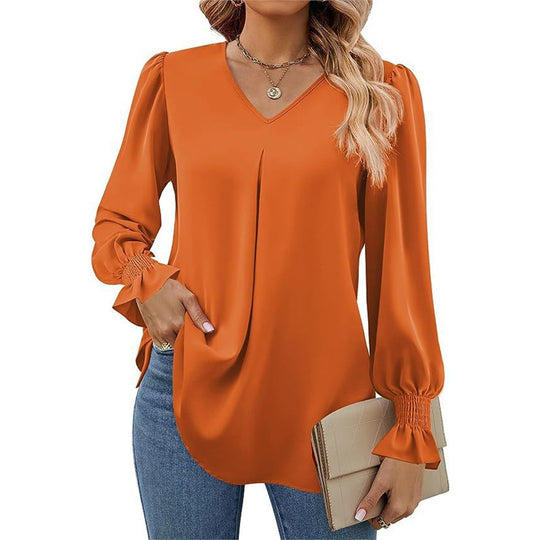 Damen fließende V-Ausschnitt Bluse mit eleganten Puffärmeln R&B