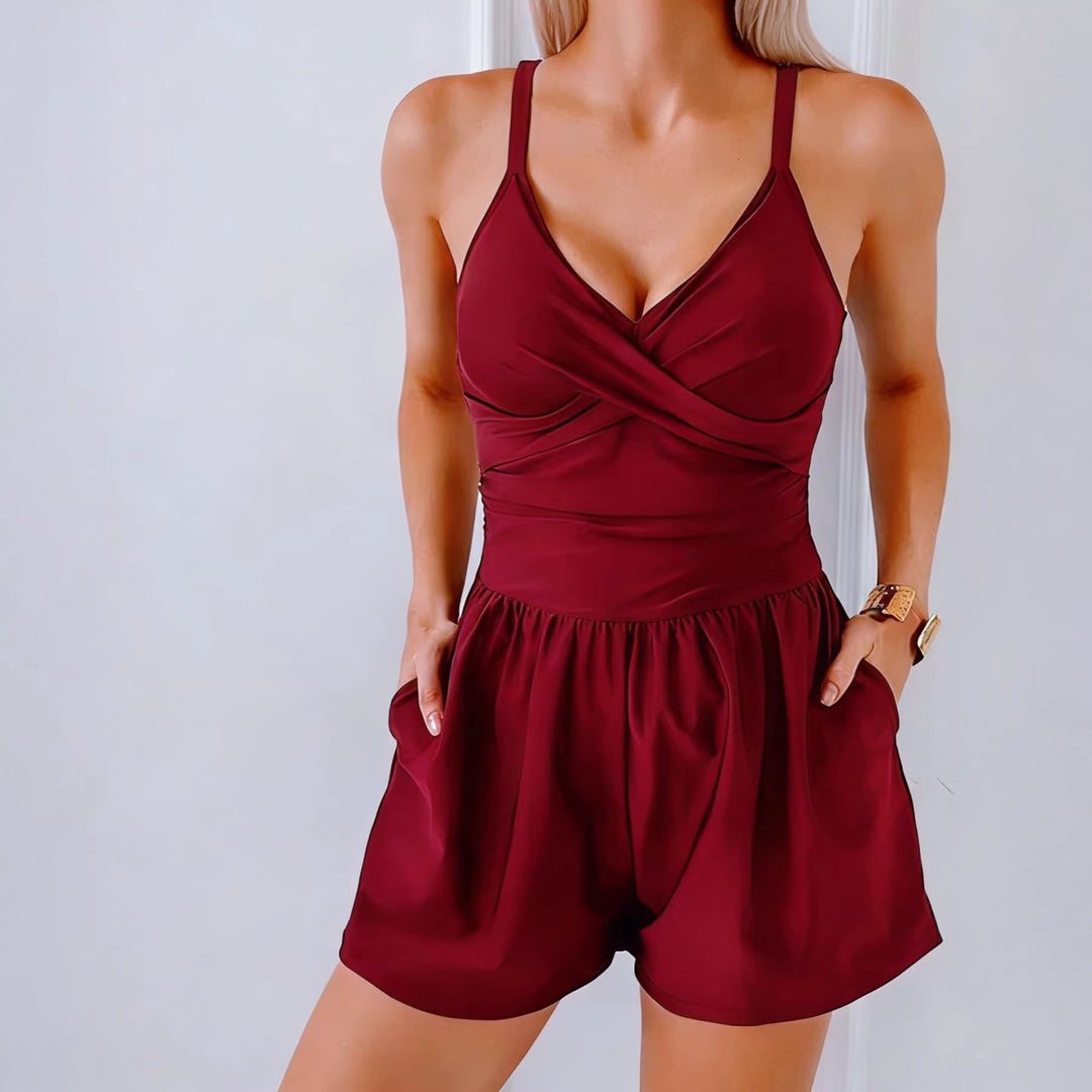 Damen Trendiger Jumpsuit mit Cross-Over-Oberteil und Taschen R&B