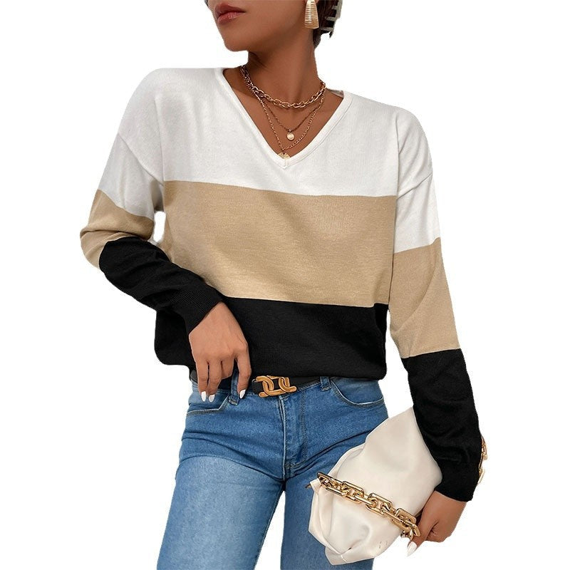 Damen V-Ausschnitt Pullover mit gestreiftem Design und lässigem Schnitt R&B
