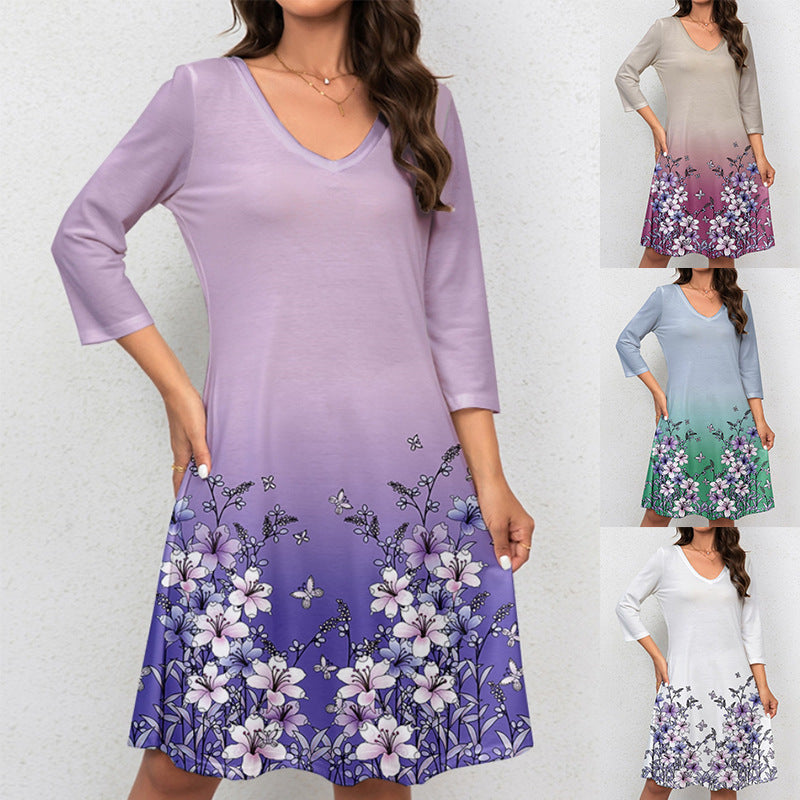 Damen V-Ausschnitt Sommerkleid mit floralem Aquarell-Design und ¾-Ärmeln R&B