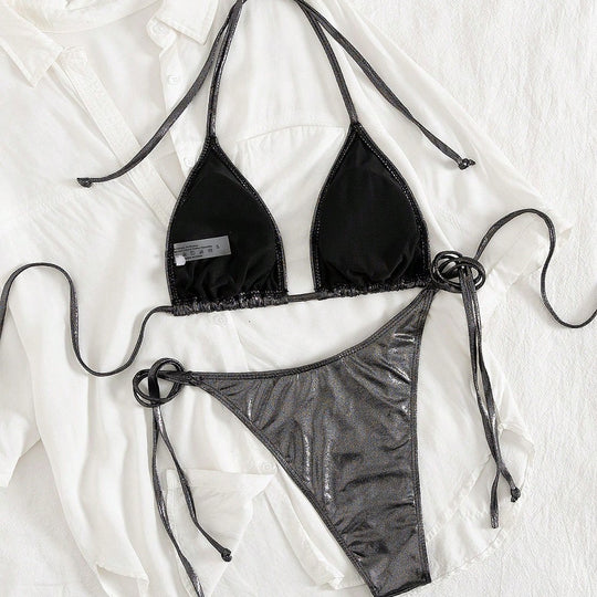 Damen Triangel-Bikini mit verstellbaren Bändern und glänzendem Design R&B