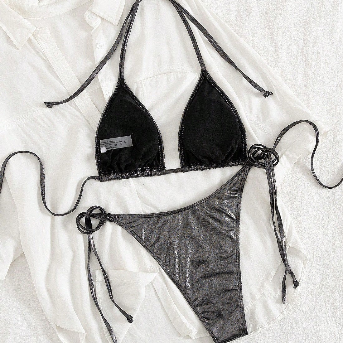Damen Triangel-Bikini mit verstellbaren Bändern und glänzendem Design R&B