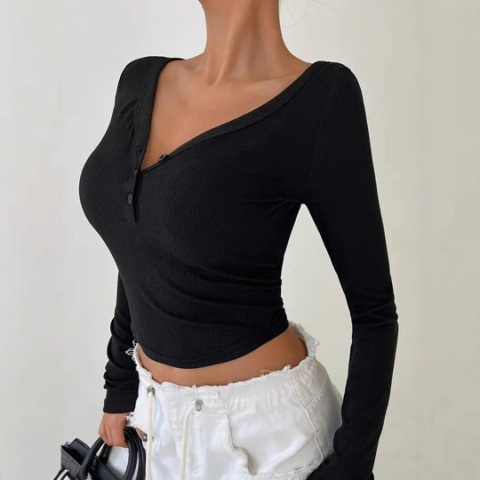 Damen figurbetontes langärmeliges Shirt mit V-Ausschnitt und Knopfleiste R&B