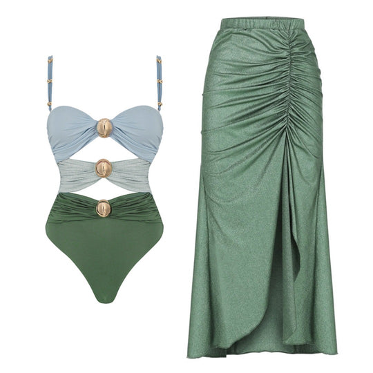 Damen Badeanzug mit raffinierten Drapierungen und eleganten Goldakzenten R&B