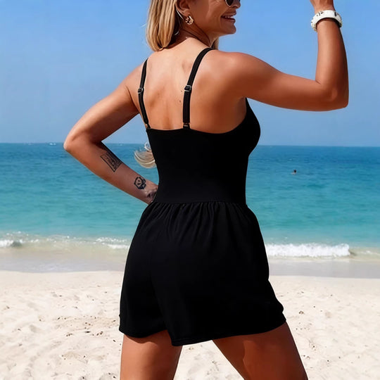 Damen Trendiger Jumpsuit mit Cross-Over-Oberteil und Taschen R&B