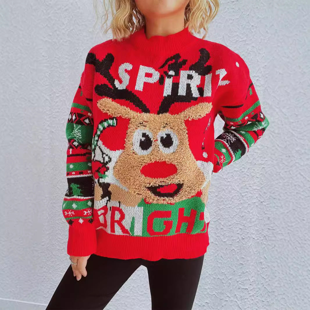 Damen festlicher Pullover mit weihnachtlichem Rentierdesign und lR&Bhaften Farben R&B