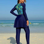 Damen Sportlicher Badeanzug mit langem Arm und elegantem Rock R&B