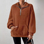 Damen kuscheliger Fleece-Pullover mit halbem Reißverschluss und Seitentaschen