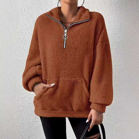 Damen kuscheliger Fleece-Pullover mit halbem Reißverschluss und Seitentaschen R&B